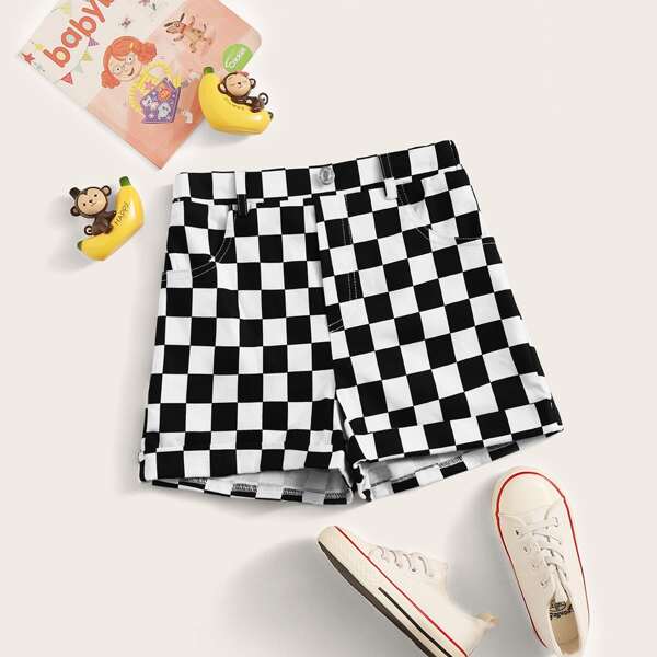 

Girls Checker Straight Leg Shorts, Black and white