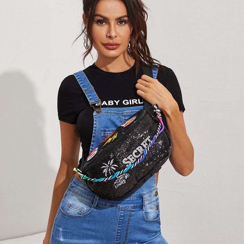 

Sequins Decor Coconut Tree Embroidered Fanny Pack, Black