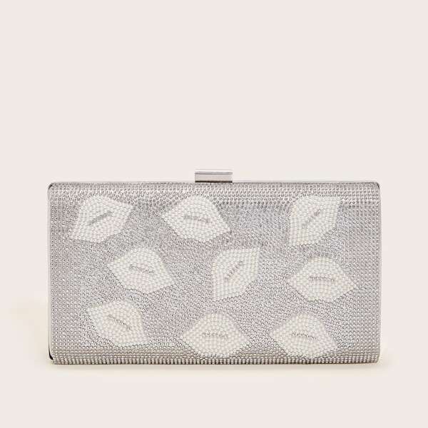 

Faux Pearl & Rhinestone Decor Clip Top Clutch Bag, Silver