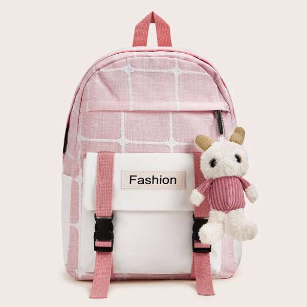 

Cartoon Charm Double Release Buckle Decor Backpack, Pink