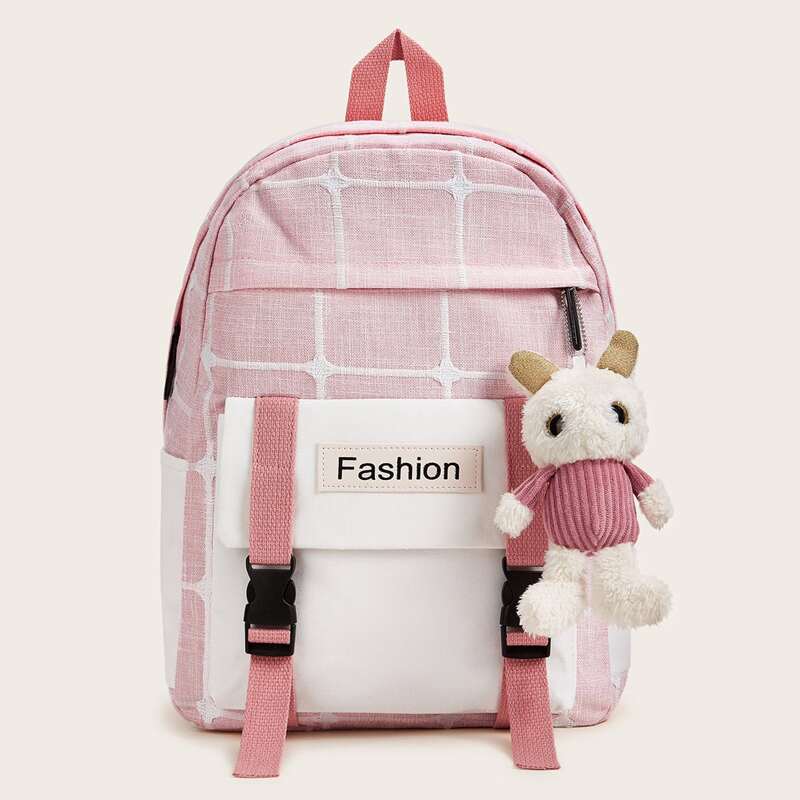 

Cartoon Charm Double Release Buckle Decor Backpack, Pink