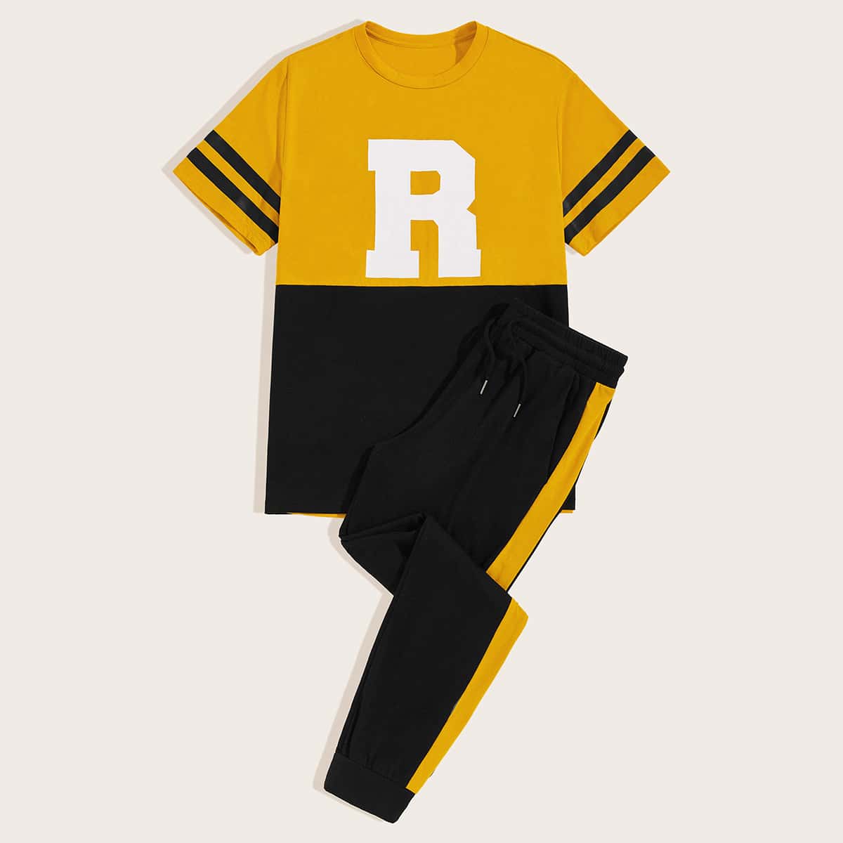 

Guys Letter Graphic Colorblock Tee & Side Seam Sweatpants Set, Multicolor