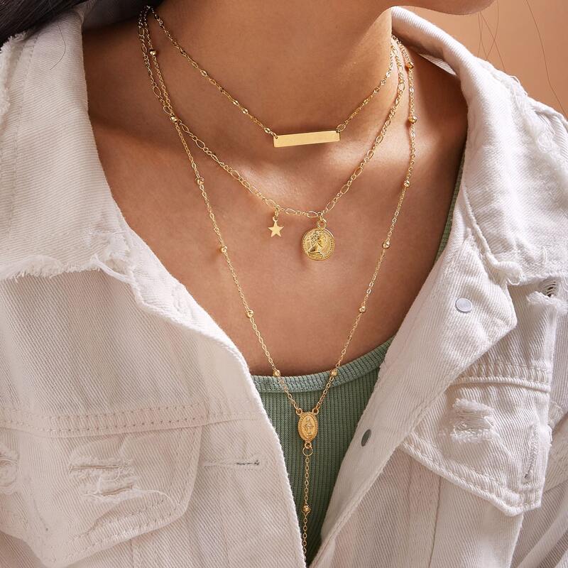 

1pc Coin & Bar Charm Layered Necklace, Gold