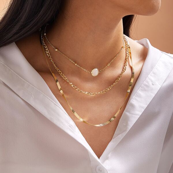 

1pc Round Decor Layered Necklace, Gold