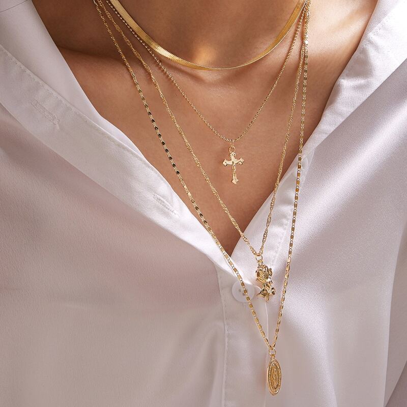 

1pc Cross & Flower Charm Layered Necklace, Gold