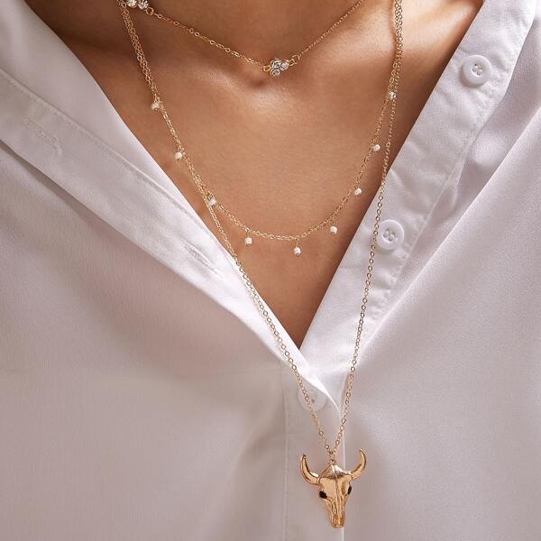 

1pc Faux Pearl & Letter Charm Layered Necklace, Gold