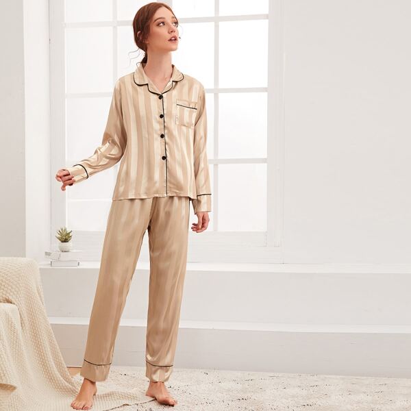 

Striped Pocket Front Satin PJ Set, Gold