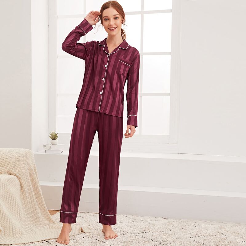 

Striped Pocket Front Satin PJ Set, Burgundy