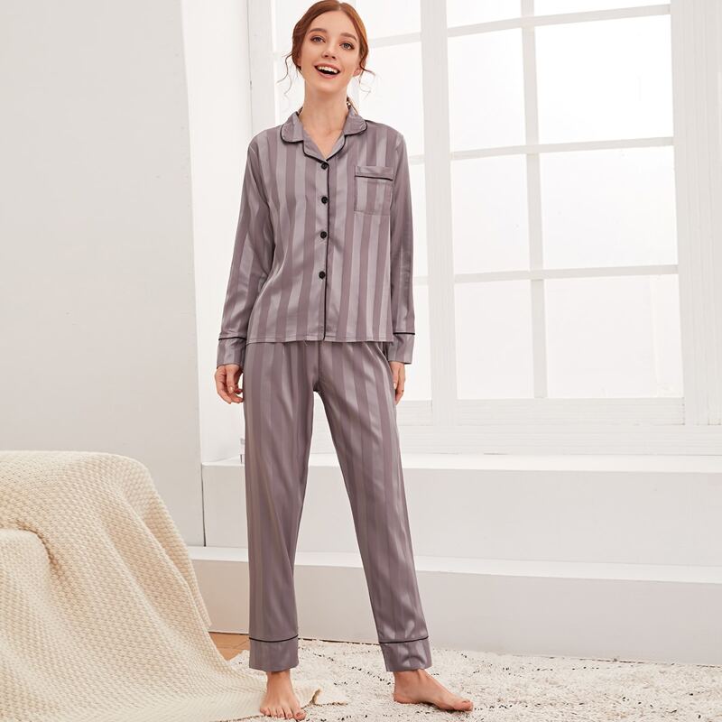 

Striped Contrast Binding Satin PJ Set, Purple