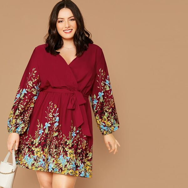 

Plus Surplice Wrap Belted Floral Print Dress, Red