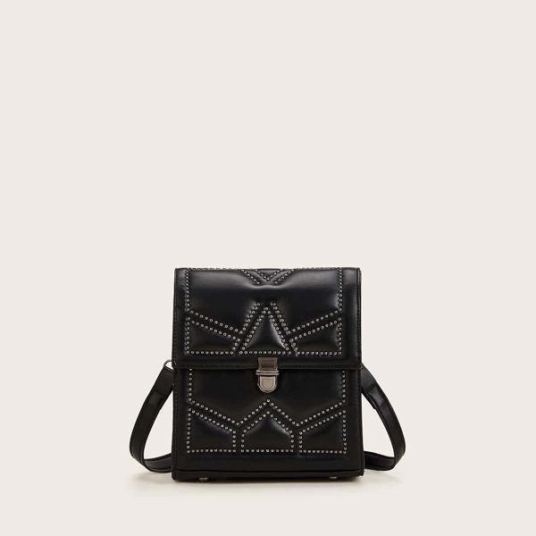 

Studded Decor Push Lock Crossbody Bag, Black