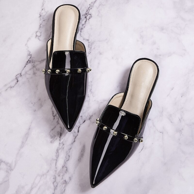 

Point Toe Studded Decor Loafers Mules, Black