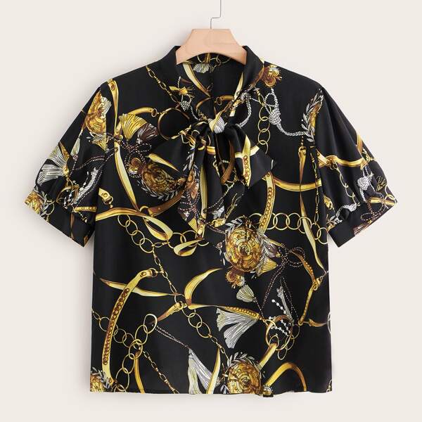 

Plus Chain Print Tie Neck Blouse, Black