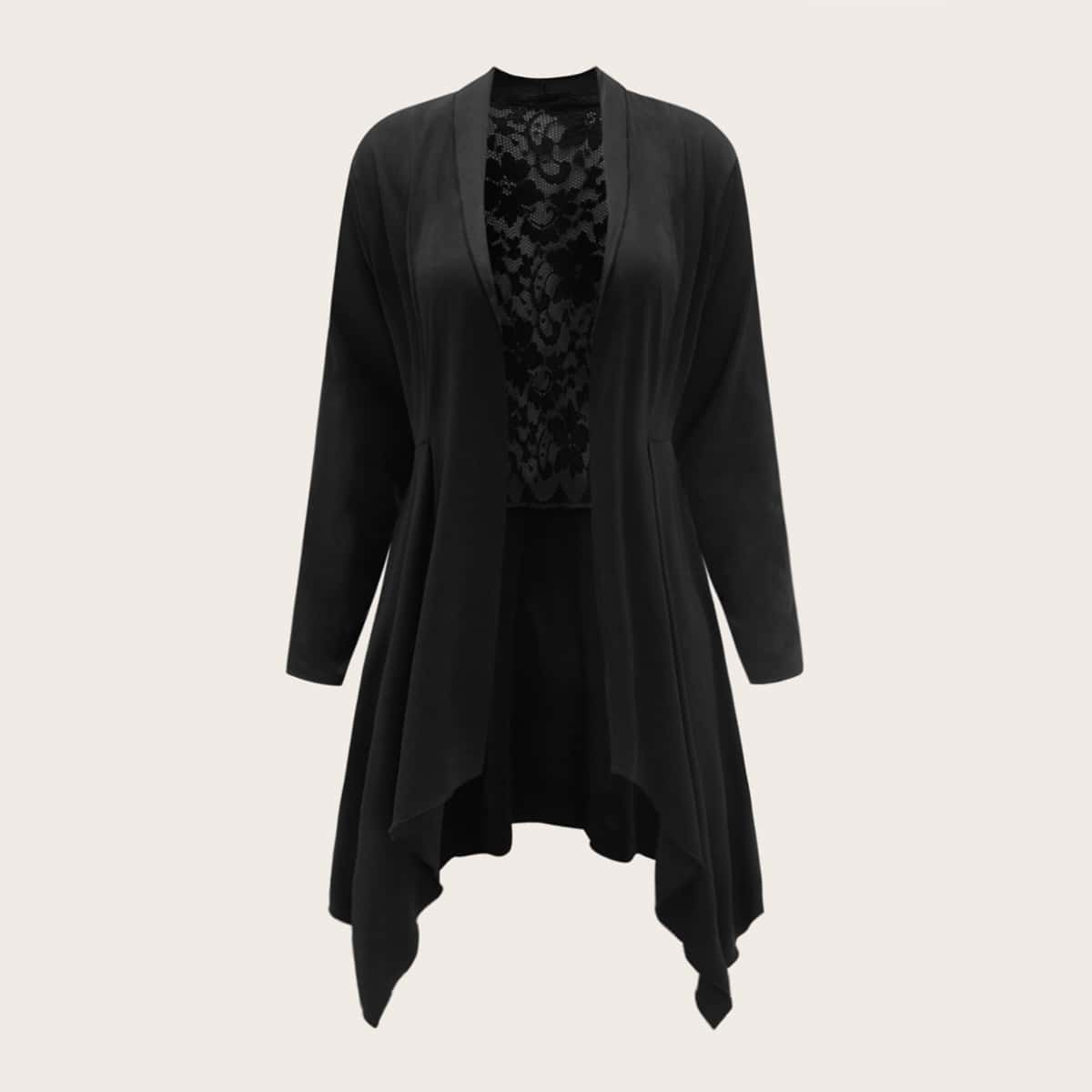 

Plus Contrast Lace Asymmetrical Hem Coat, Black