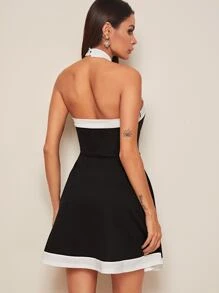 SHEIN Privé Contrast Trim Crisscross Halted Skater Dress - Black - View 2