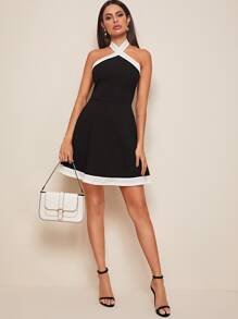 SHEIN Privé Contrast Trim Crisscross Halted Skater Dress - Black - View 3