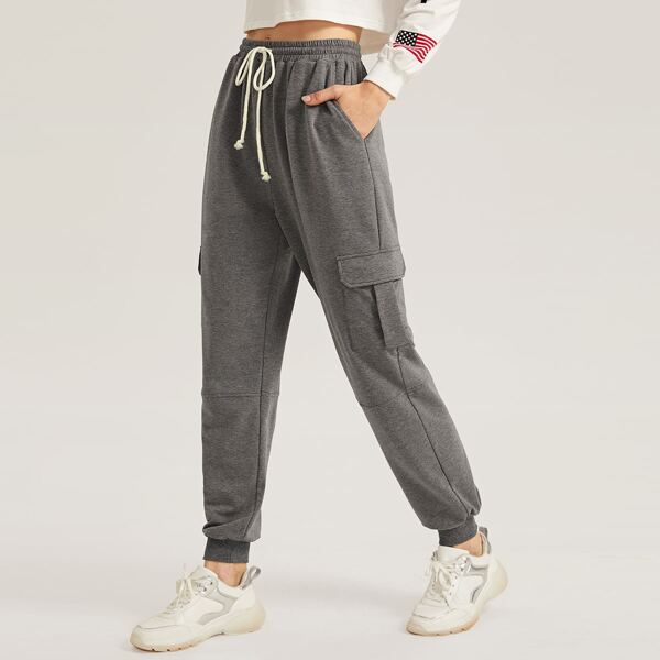 

Drawstring Waist Flap Pocket Joggers, Grey