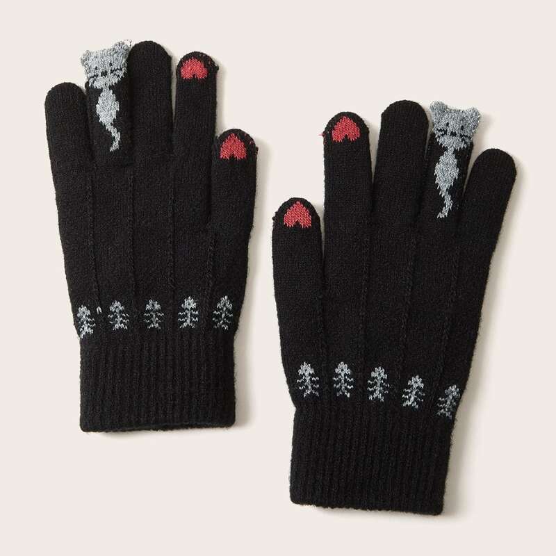 

Cute Cat & Heart Pattern Gloves, Black