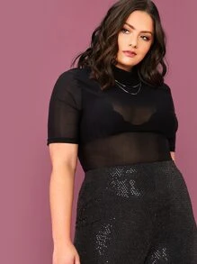 SHEIN Privé Plus Sheer Mesh Top Without Bra - Black - View 3