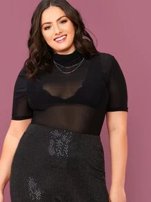 SHEIN Privé Plus Sheer Mesh Top Without Bra - Black - View 1
