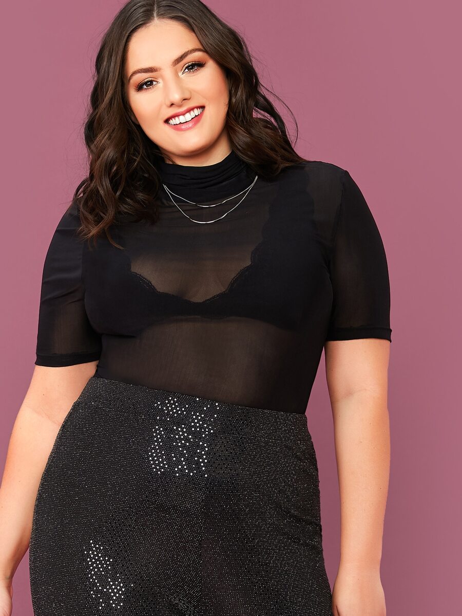SHEIN Privé Plus Sheer Mesh Top Without Bra - Black - View 1