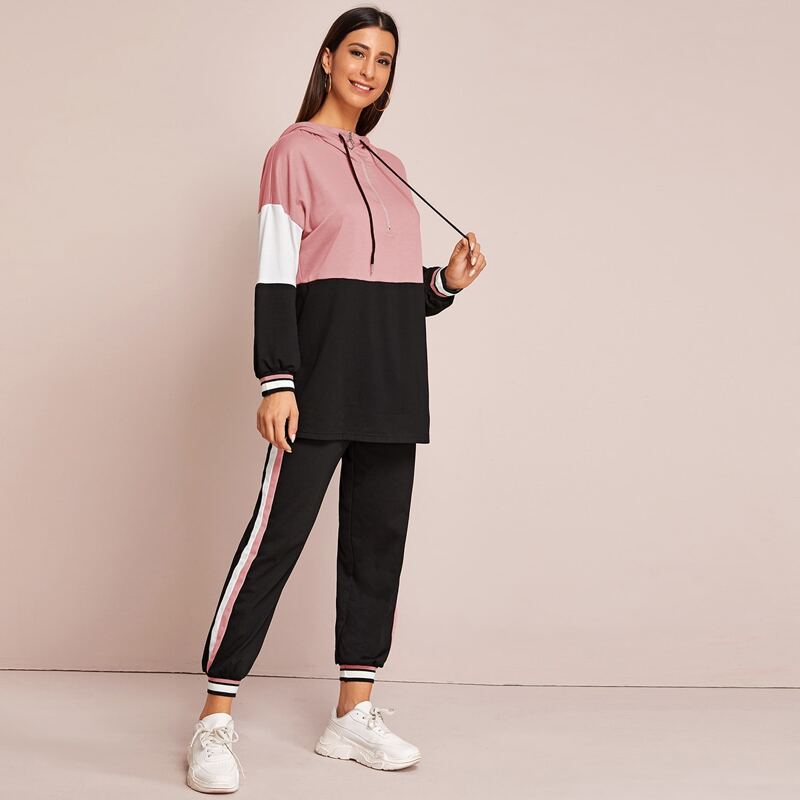 

Colorblock Half Zipper Drawstring Hoodie & Joggers Set, Multicolor