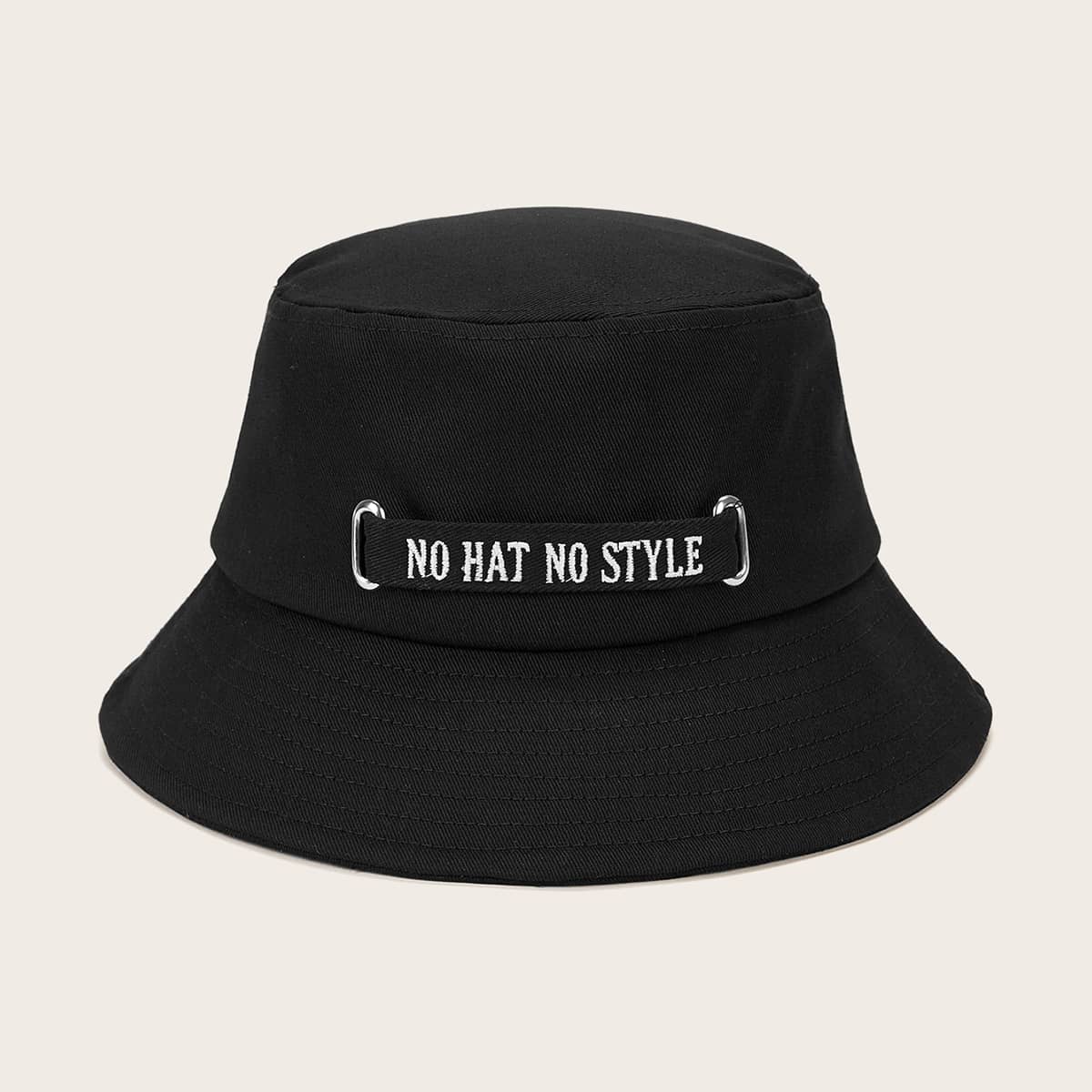 

Slogan Embroidered Strap Decor Bucket Hat, Black