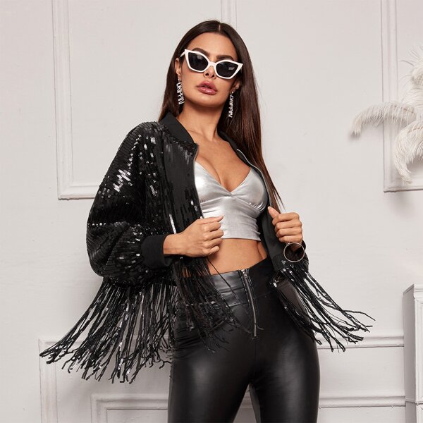 

O-ring Zip Up Sequin Bomber Jacket, Black