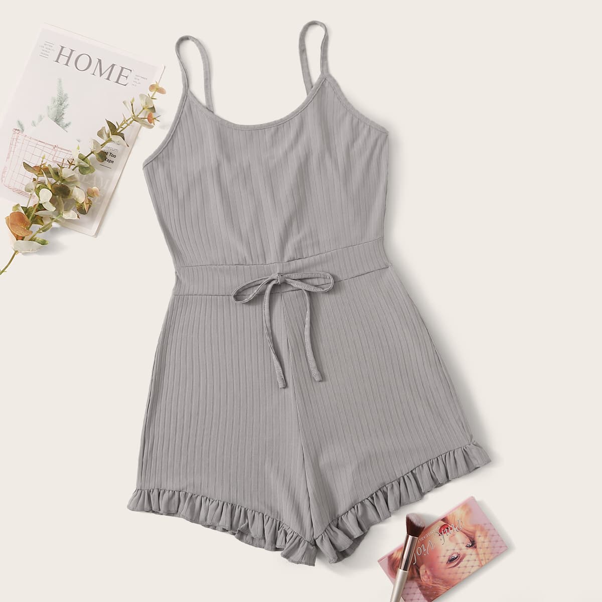 

Drawstring Waist Ruffle Hem Lounge Romper, Grey