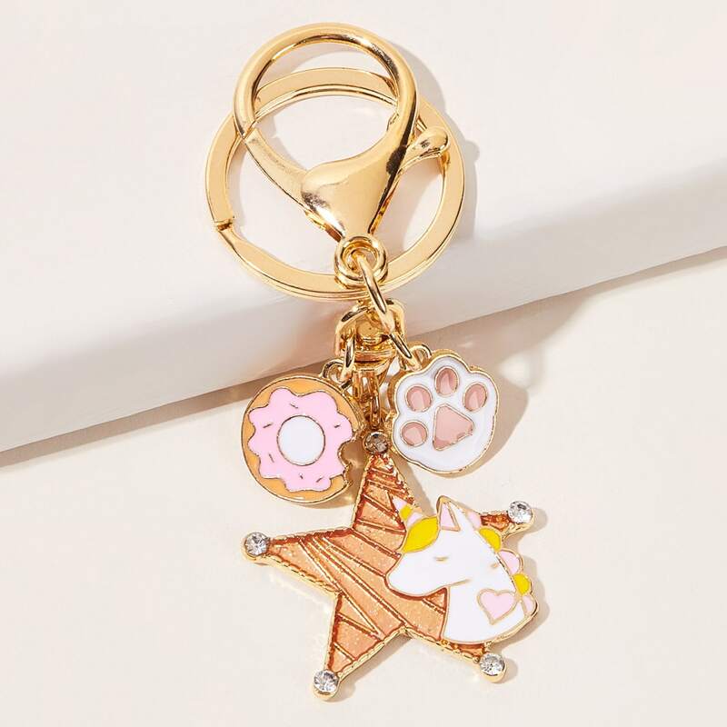 

Cartoon Unicorn & Star & Donut Charm Keychain, Gold
