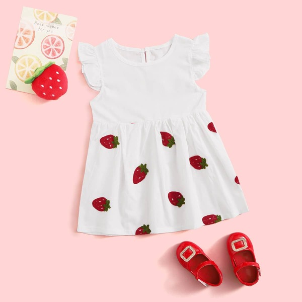 

Toddler Girls Strawberry Patched Babydoll Dress, White