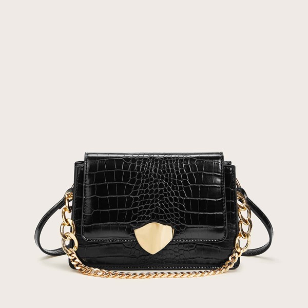 

Croc Embossed Chain Decor Crossbody Bag, Black