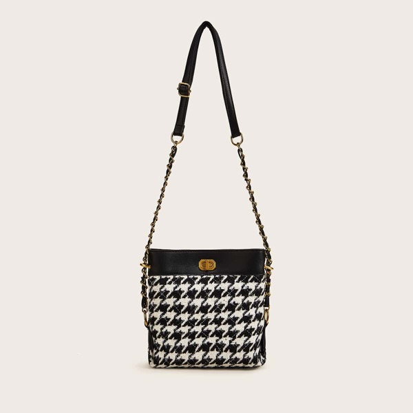 

Twist Lock Houndstooth Crossbody Bag, Black and white