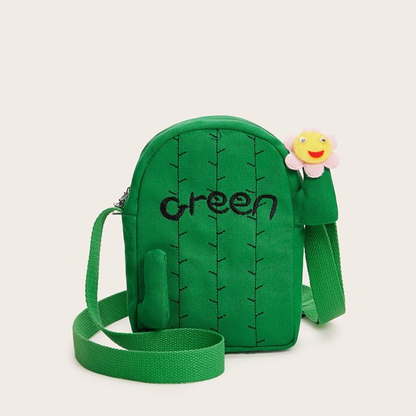 Cactus Design Letter Embroidered Crossbody Bag, Green