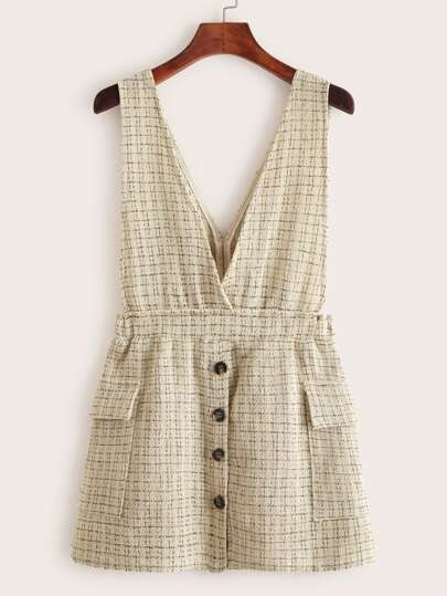 Double Pocket Button Front Tweed Suspender Dress