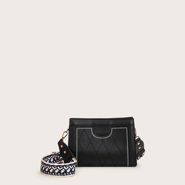 

Stitch Detail Wide Strap Crossbody Bag, Black