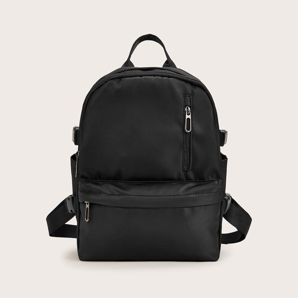 

Pom Pom Decor Pocket Front Backpack, Black