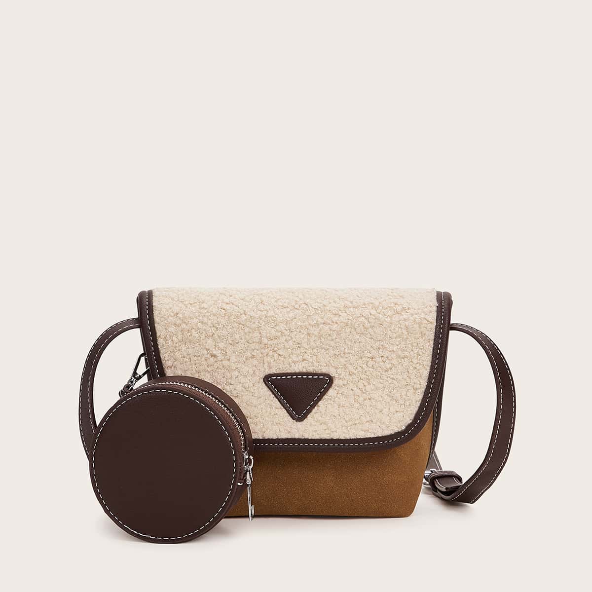 

Contrast Faux Fur Flap Crossbody Bag With Purse, Brown