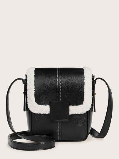 Contrast Faux Fur Flap Crossbody Bag