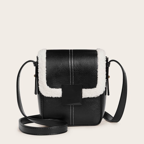 

Contrast Faux Fur Flap Crossbody Bag, Black