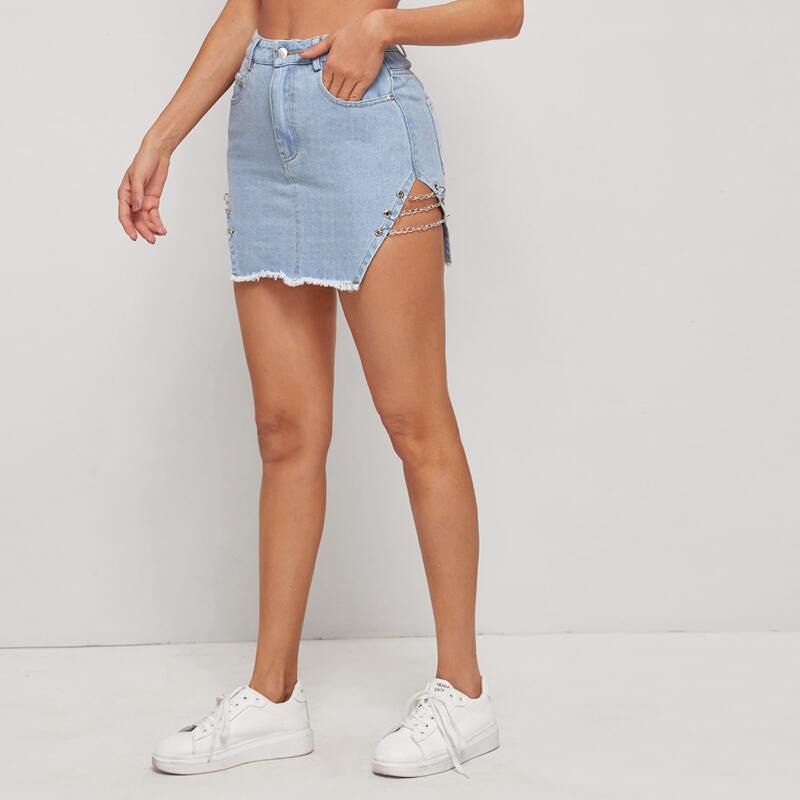 

Chain Detail Raw Hem Denim Skirt, Blue