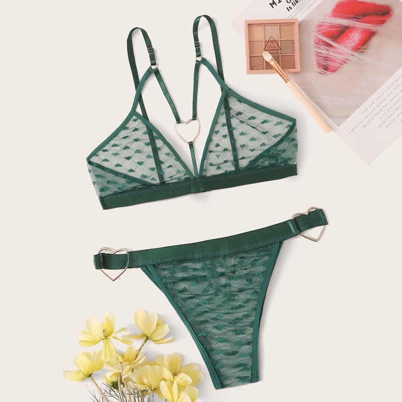

Heart Print Sheer Mesh Lingerie Set, Dark green