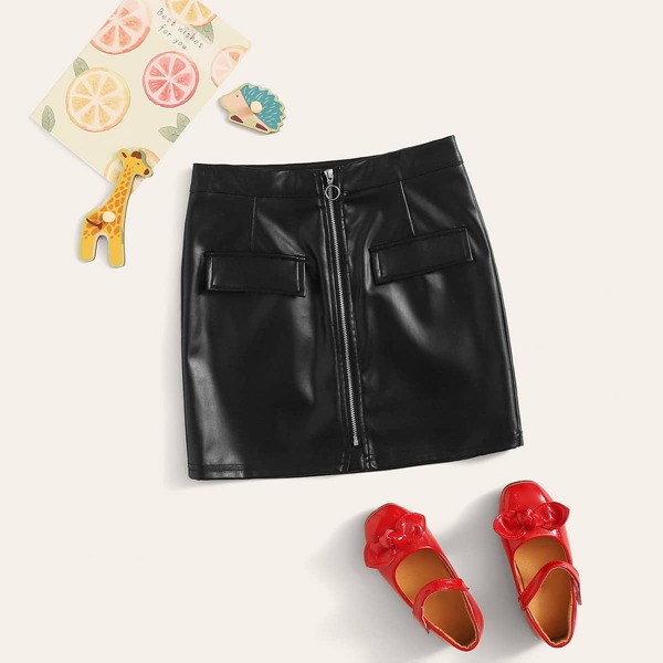 

Girls O-ring Zip Fly PU Skirt, Black