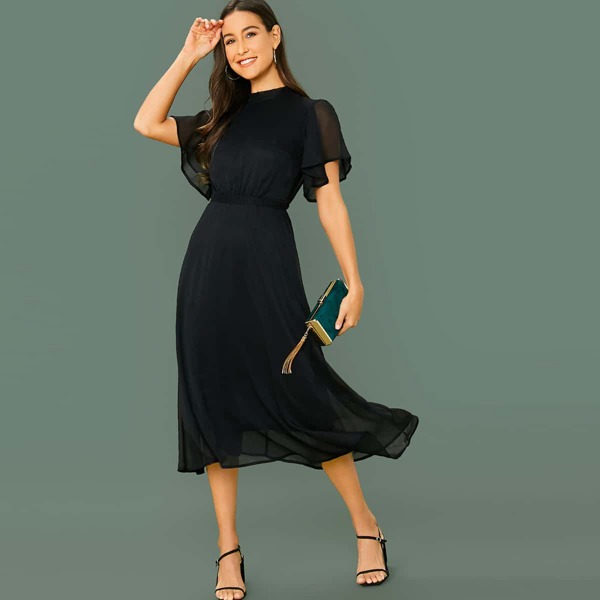 

Mock-neck Tie Back Flutter Sleeve Dress, Black