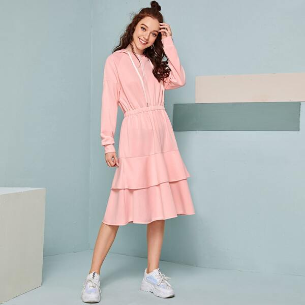 

Layered Ruffle Hem Drawstring Hooded Sweatshirt Dress, Pink