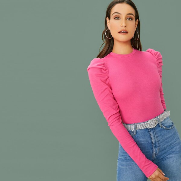 

Leg-of-mutton Sleeve Solid Top, Pink bright
