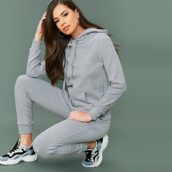 

Pouch Pocket Drawstring Hoodie & Pants Set, Grey