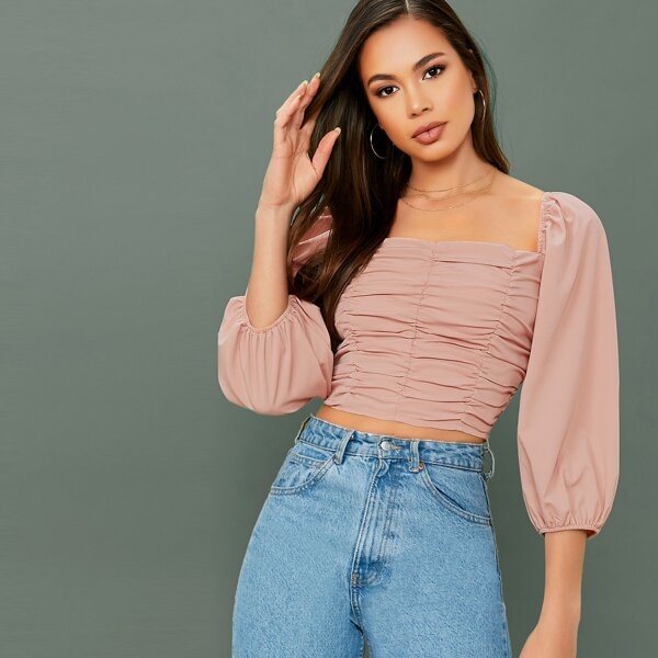 

Long Sleeve Ruched And Smocked Crop Top, Pink