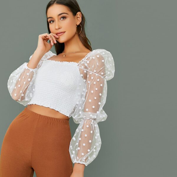 

Long Sleeve Mesh Polka Dot Smocked Top, White