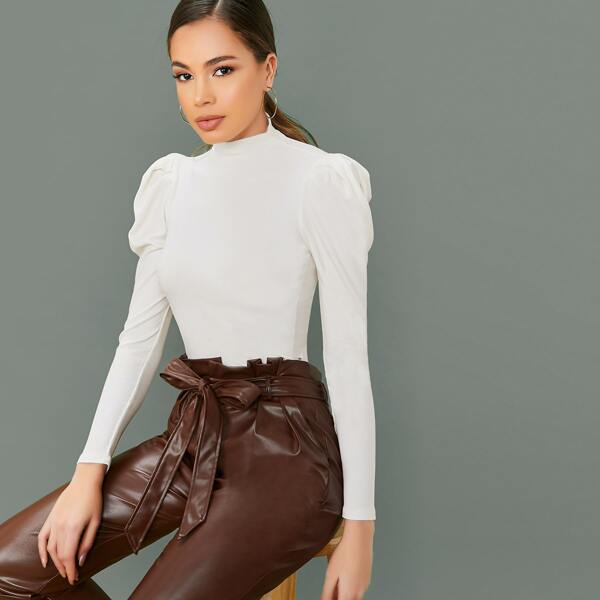 

Mock Neck Pleated Puff Sleeve Rib Knit Top, White